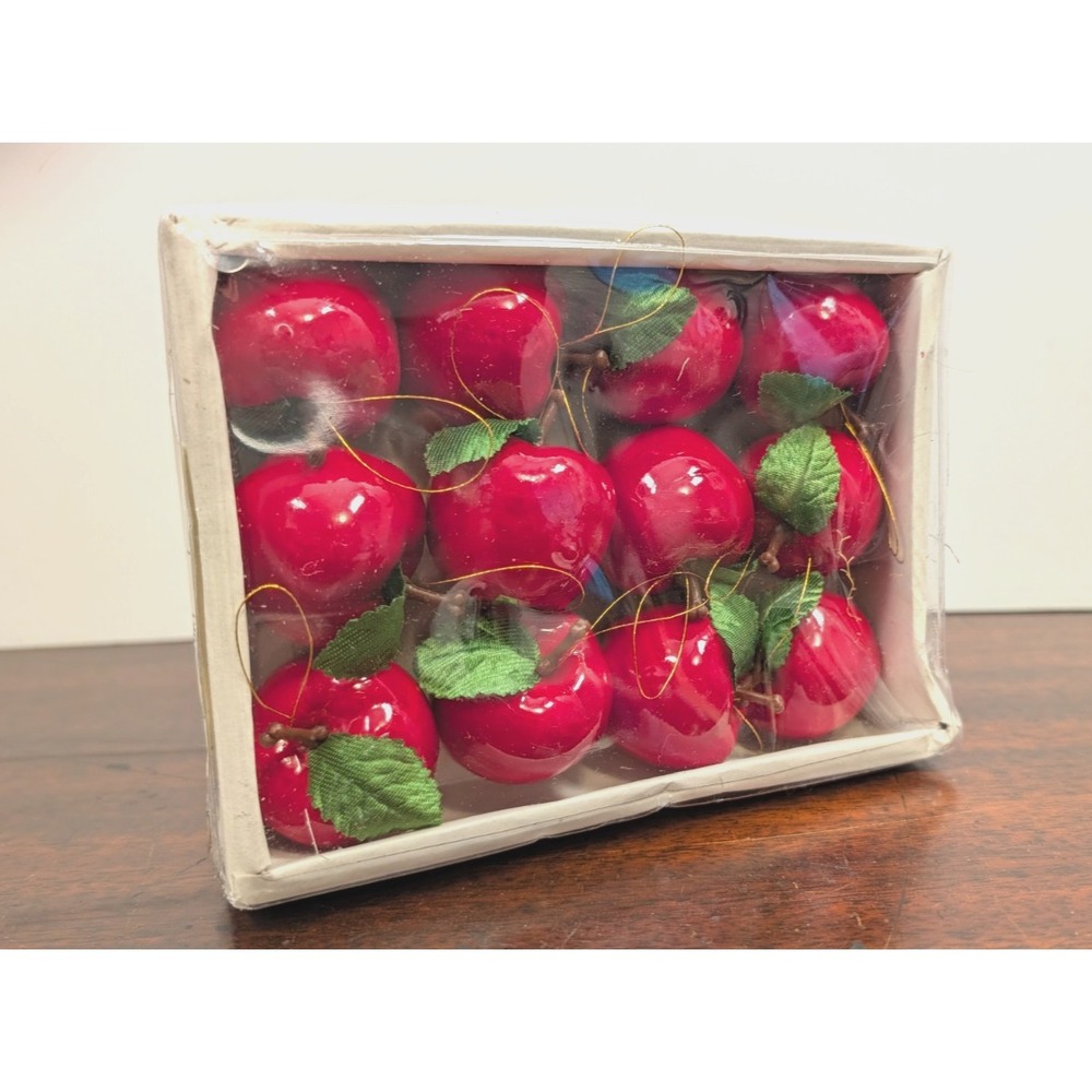 Vintage Red Apple Christmas Ornaments Set of 12 Taiwan Faux Fruit Retro 2" Box